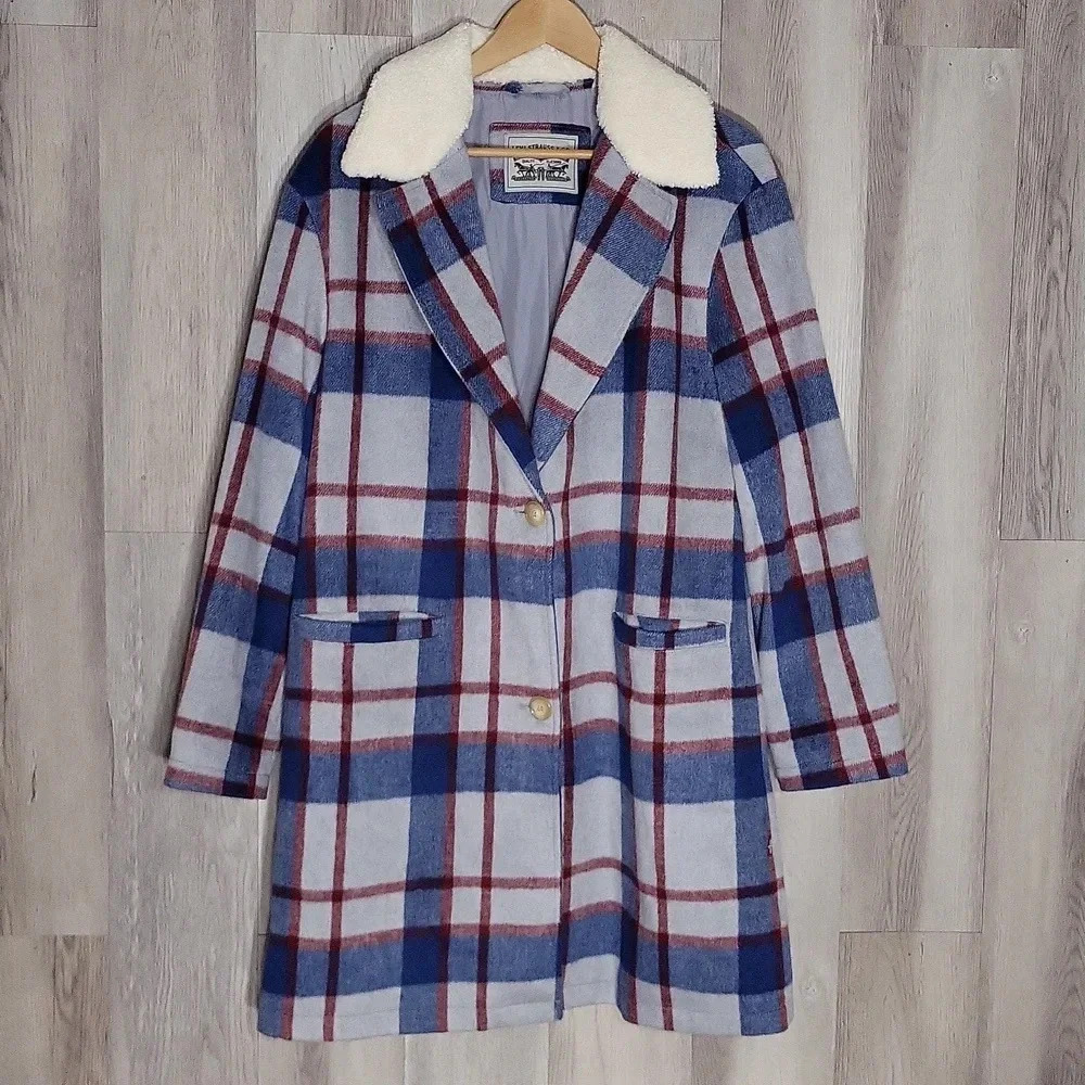Levi's Plaid Sherpa Collar Coat Womens L Western Ranch Warm Jacket NWOT‎